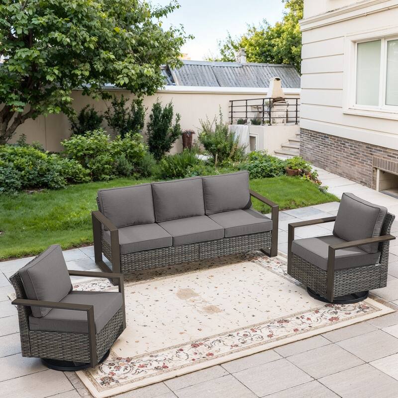 Gymojoy Outdoor Wicker Patio Furniture Sofa Set - 3-Piece Sofa Set - Swivel Chairs - Grey Wicker / Grey Cusion