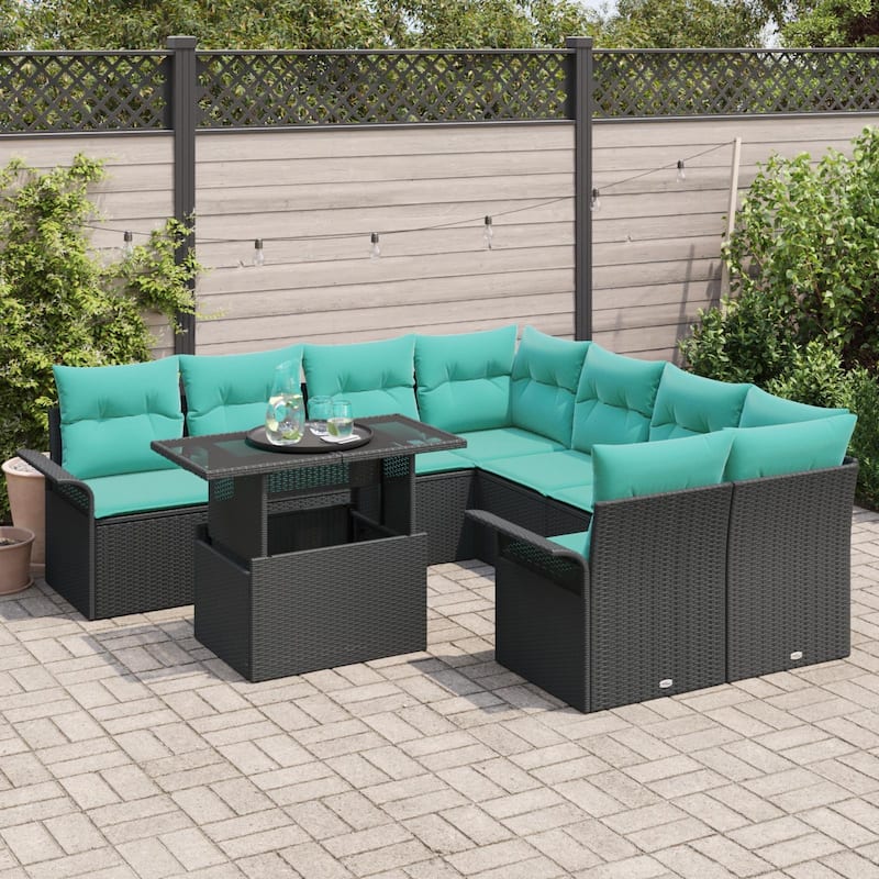 vidaXL 9 Garden Sofa Set with Cushions Black/Brown/Grey Poly Rattan - 95.5 x 92.1 x 27.2
