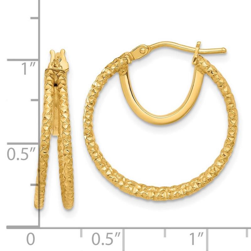 Curata 14k Yellow Gold Polished and Textured Double Circle Hoop Earrings - 23.7x23.2mm