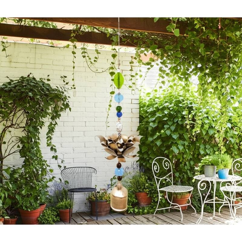 Glass Metal Bells and Windchimes Garden - 26" Gold/Green - 7" x 7" x 26"