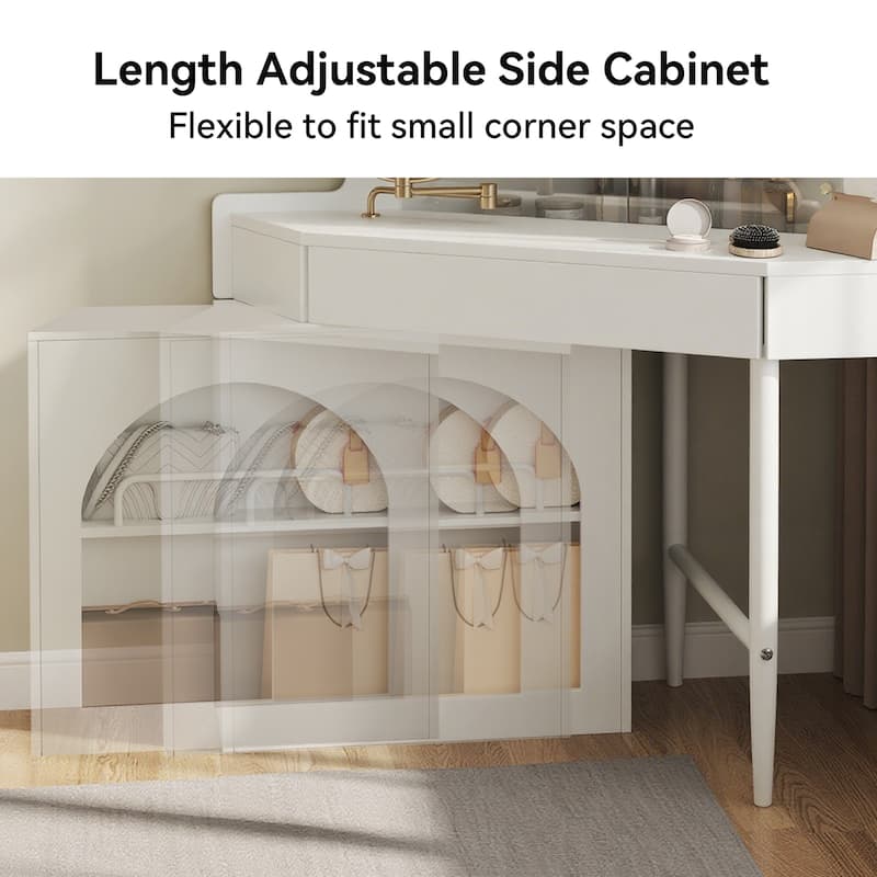 Corner Makeup Vanity with LED Mirror and Stool, Dressing Table with Storage Cabinet, Drawer and Adjustable Lights