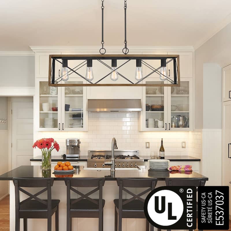 Kiro 5-light Farmhouse Linear Chandelier Faux Wood Dining Lighting with UL Certified - 36''