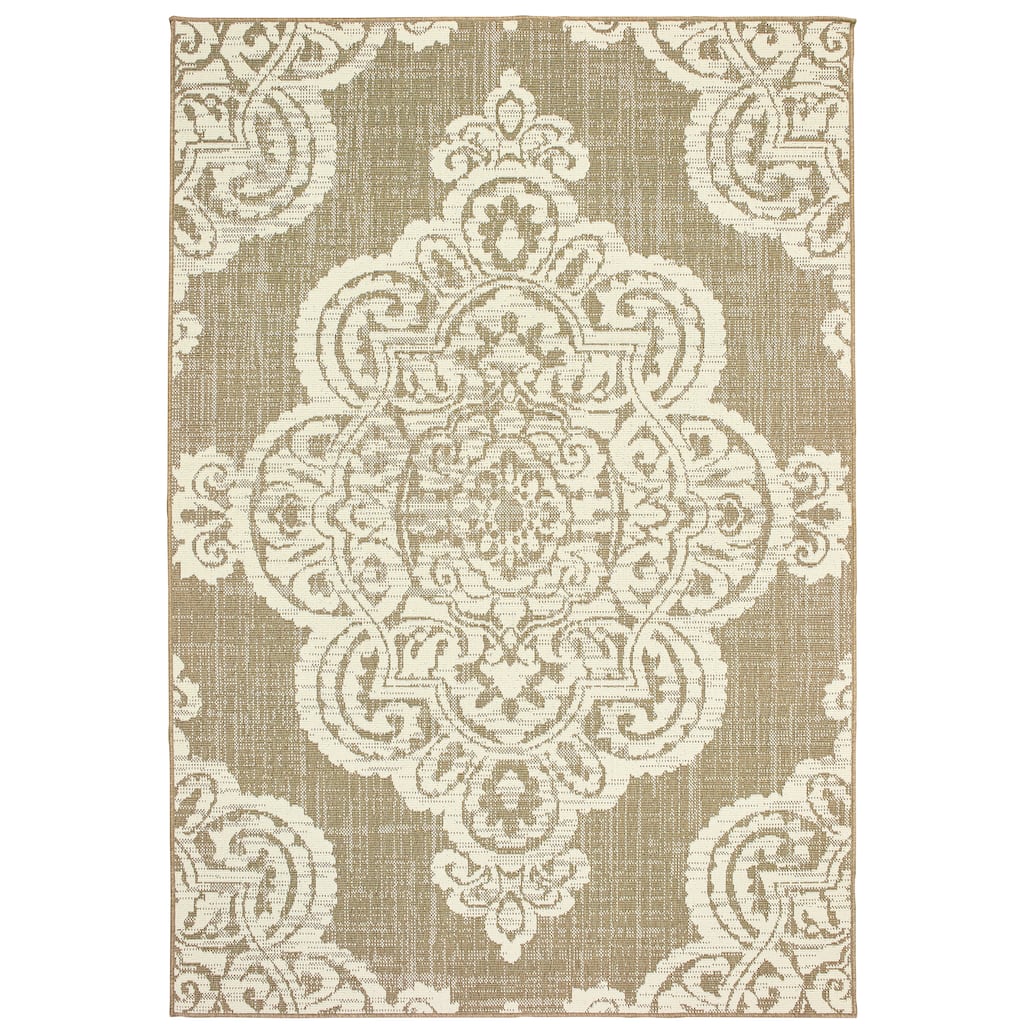 Martigues Tan Ivory Oriental Medallion Outdoor Casual Area Rug