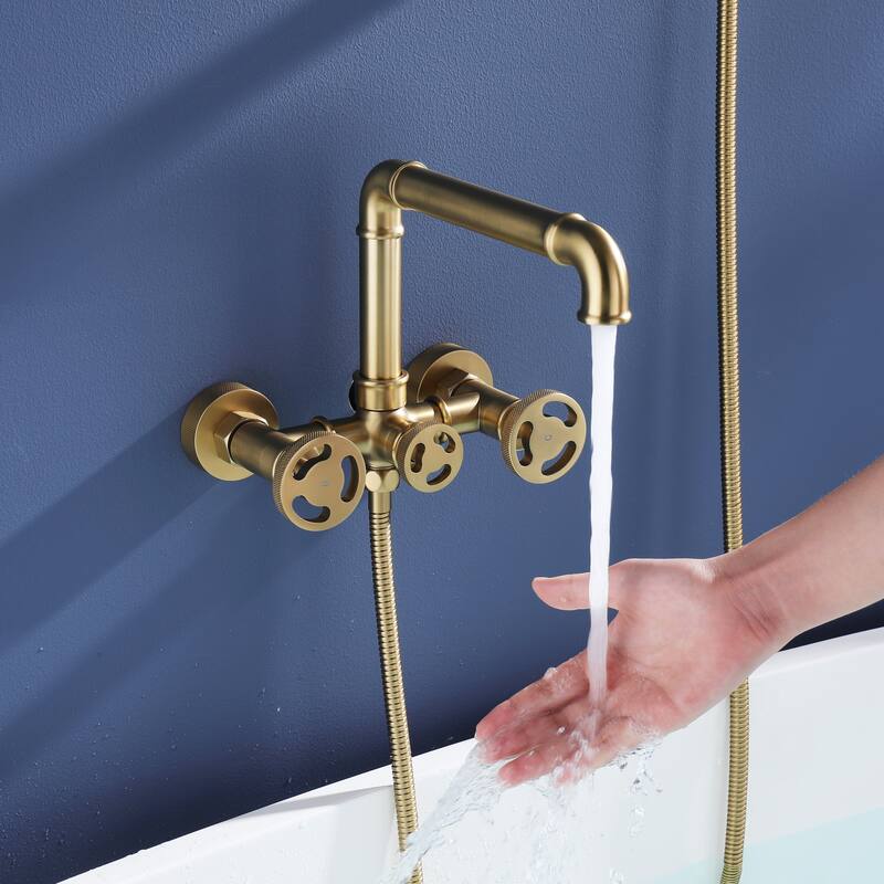 Modland Double Handle Wall-Mounted Bathtub Faucet with Handheld Shower in Black/Gold