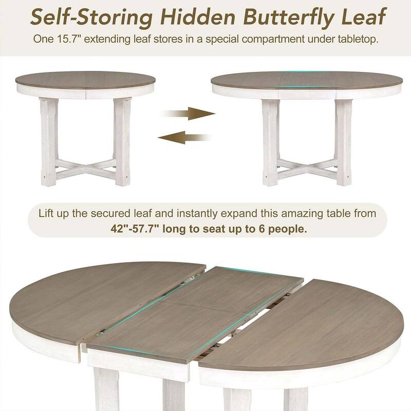 Wooden Round Drop Leaf Extendable Dining Table Set with 4 Upholstered Chairs