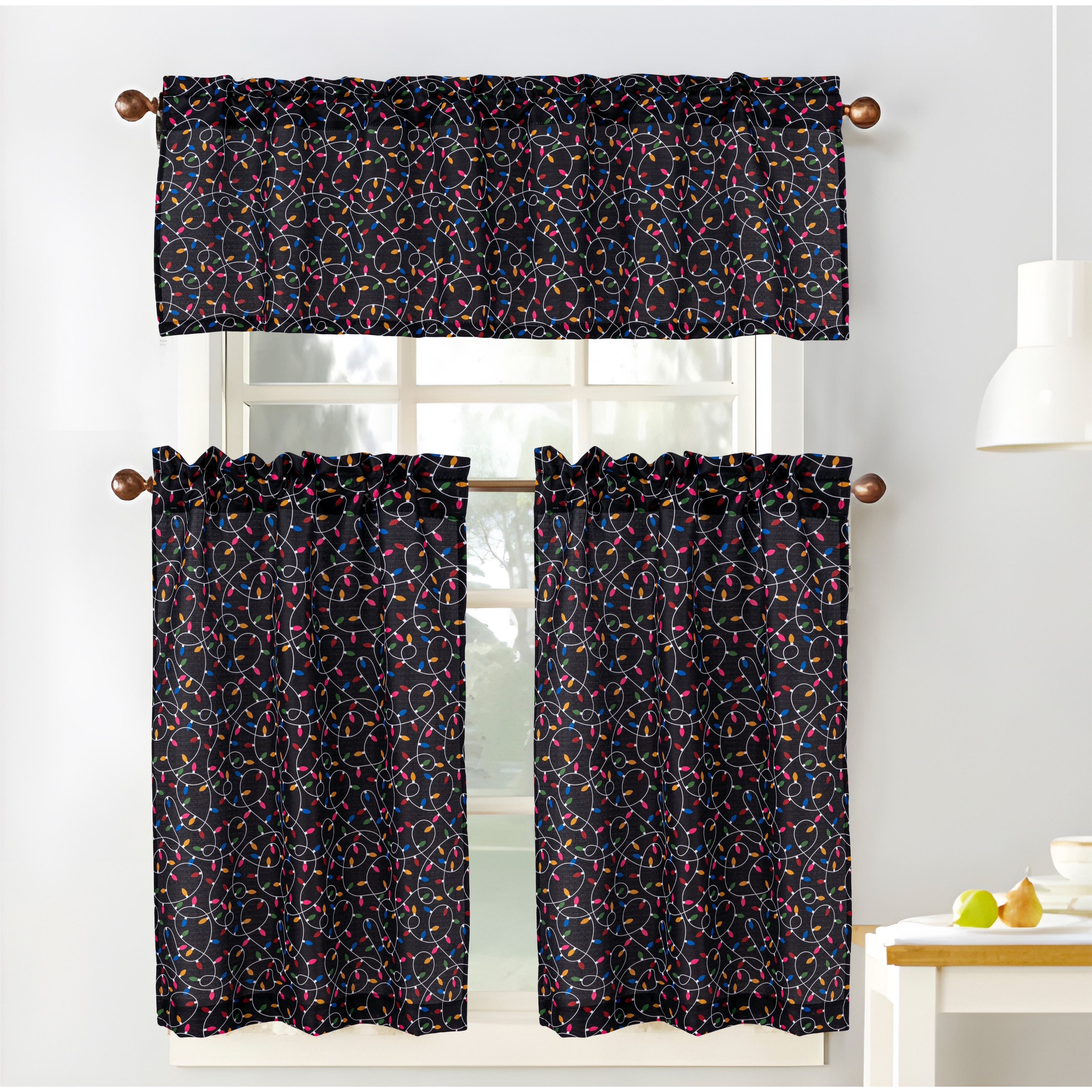 Christmas Lights Kitchen Curtain Set - Black