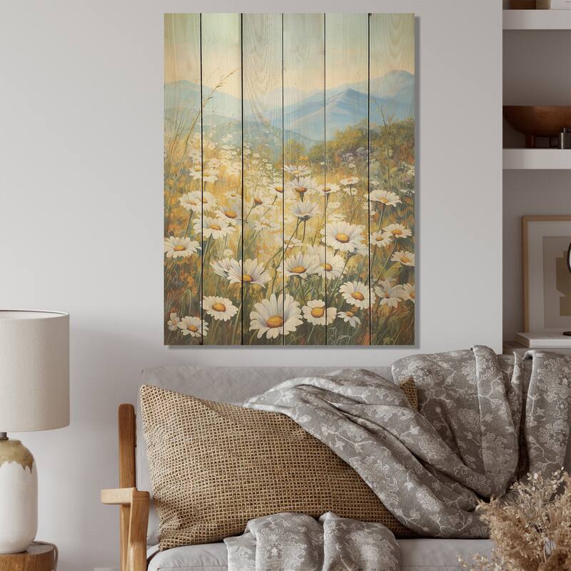 Designart "Mountain Daisies On Hill I" Flowers Wood Wall Decor - Traditional Beige Wood Panel On Natural Pine Wood