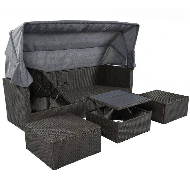 Outdoor Patio Rectangle Daybed with Retractable Canopy with Cushions
