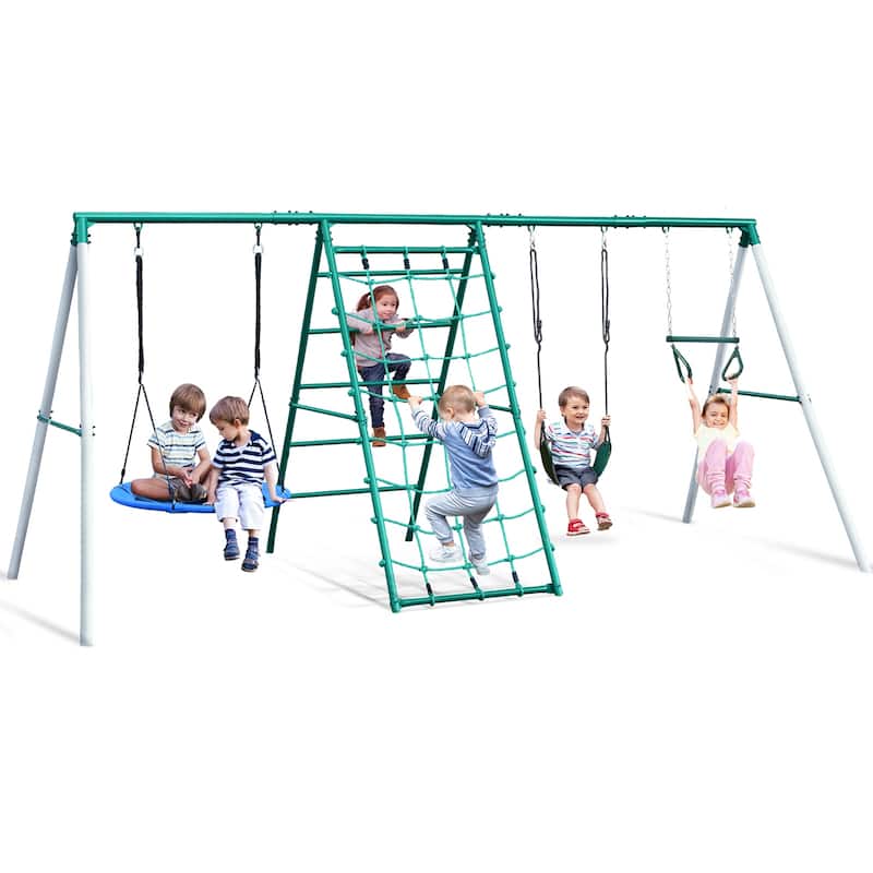 600lbs Swing Sets for Backyard With Saucer Swing, Trapeze Monkey Bar, Belt Swing, Climbing Rope, Climbing Ladder