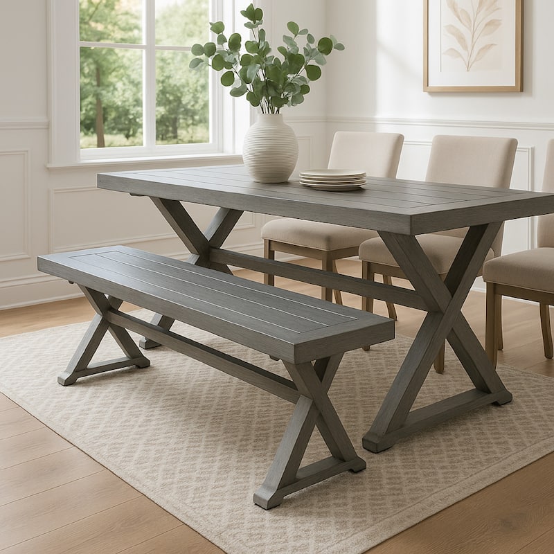 Jica Outdoor Dining Bench, X Shape Legs, Slatted Dark Gray Metal, 59 Inch