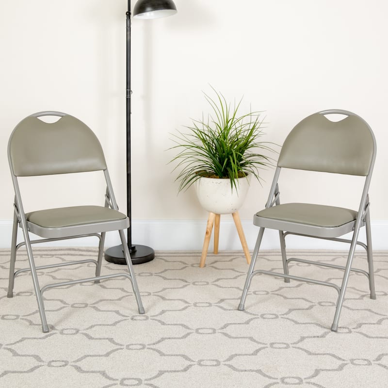 2 Pack Extra Large Ultra-Premium Triple Braced Folding Chair - Gray Vinyl/Gray Frame