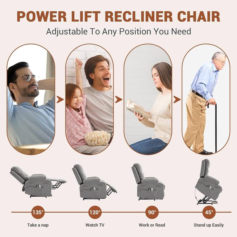 Power Lift Recliner Chair, with Massage & Heat, 135° Recline