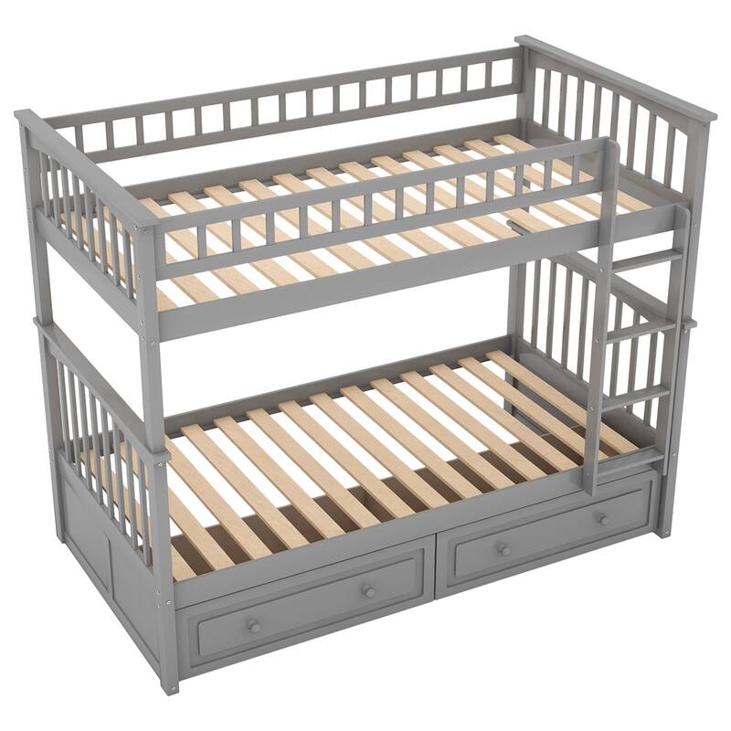 Twin Over Twin Wood Bunk Bed with Drawers and Guardrail