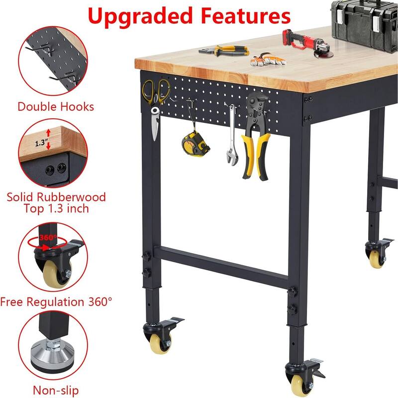 72*25*1.5 Inch Workbench for Garage with 4 Rolling Casters - N/A