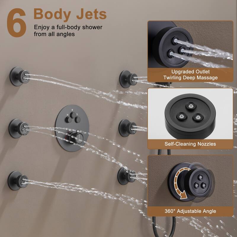 CASAINC 3-function Luxury Thermostatic Dual Shower Faucet Shower System with 6 Body Spray Jets