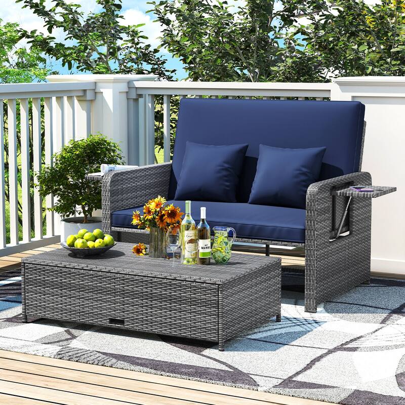 Gymax Rattan Daybed Wicker Loveseat Sofa Set w/ Ottoman & Retractable