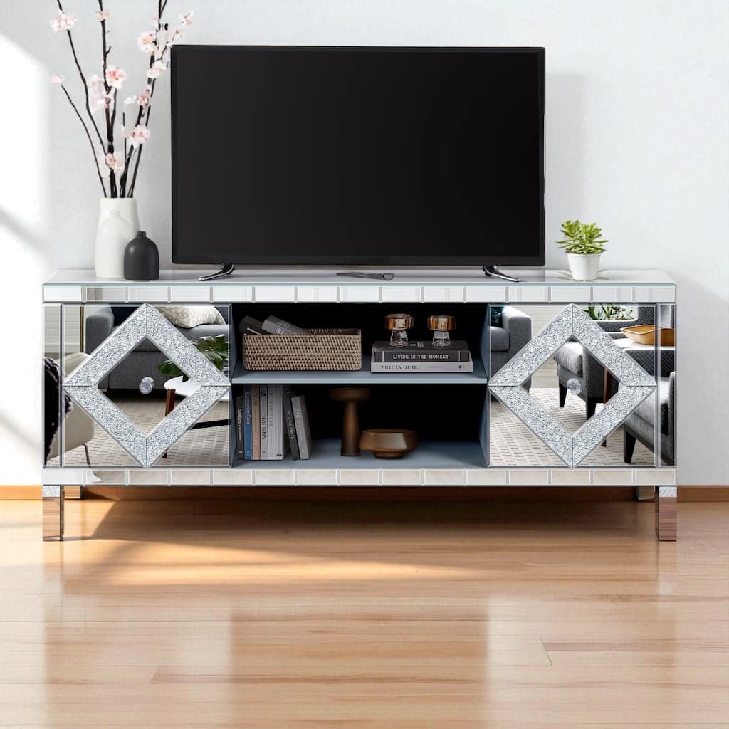 Mirrored TV Stand for 65+ Inch TVs, Silver Console Table with Diamond Crushed Mirror Doors & Storage Cabinets