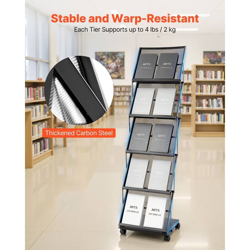 5-Tier Metal Magazine Display Rack with Wheels Mobile Literature Stand for Brochures, Catalogs & Magazines