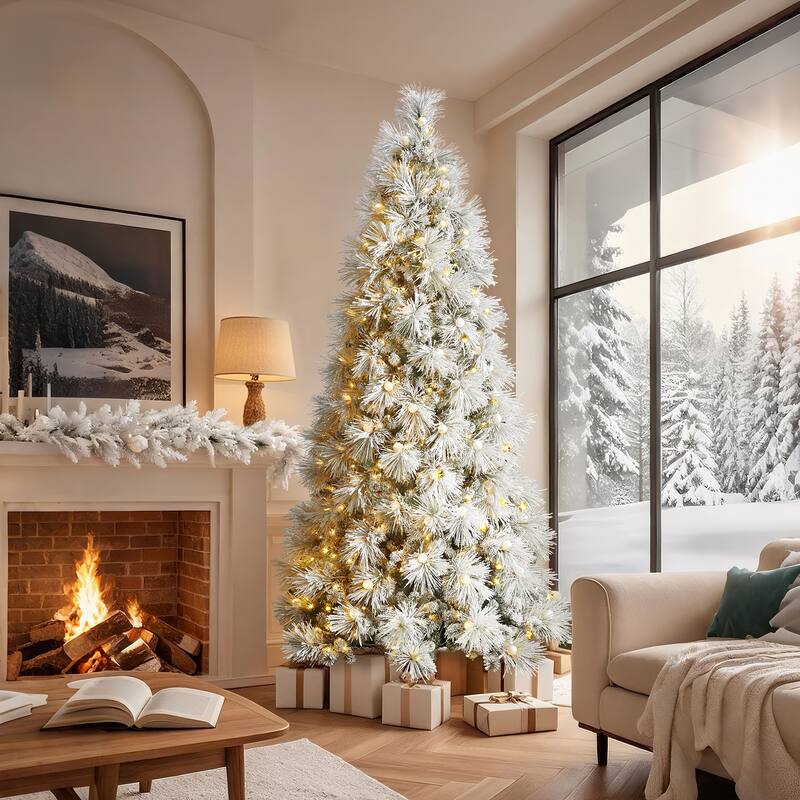 Glitzhome 7.5FT/9FT Pre-Lit Flocked Snowy Full Pine Artificial Christmas Tree with Warm White Globe Lights & Foot Switch