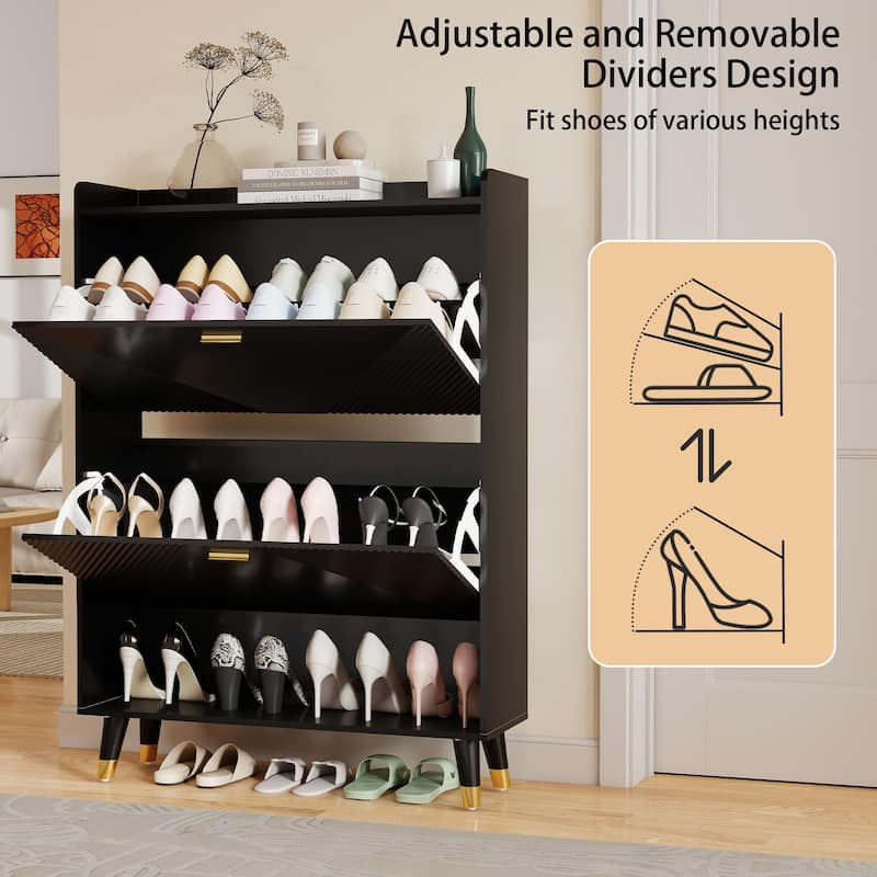 Slim Shoe Cabinet, Fluted Hidden Shoe Storage Cabinet with 2 Flip Drawers