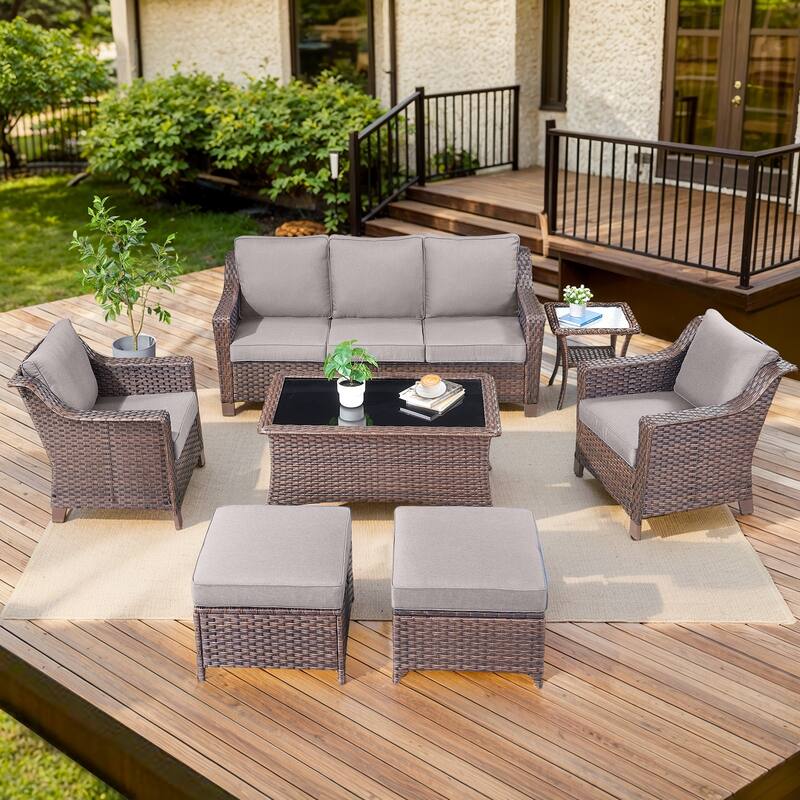Outdoor Sofa Seating Chair with Ottoman and Table - Grey - Brown