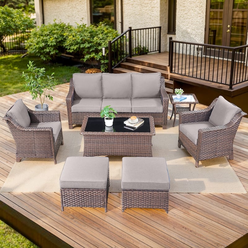 Patio Chair and Sofa, 2 Ottomans and Coffee Table - Brown - Grey - Brown