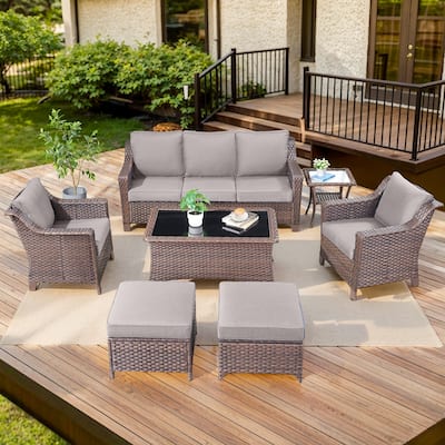 Patio Chair and Sofa, 2 Ottomans and Coffee Table - Brown