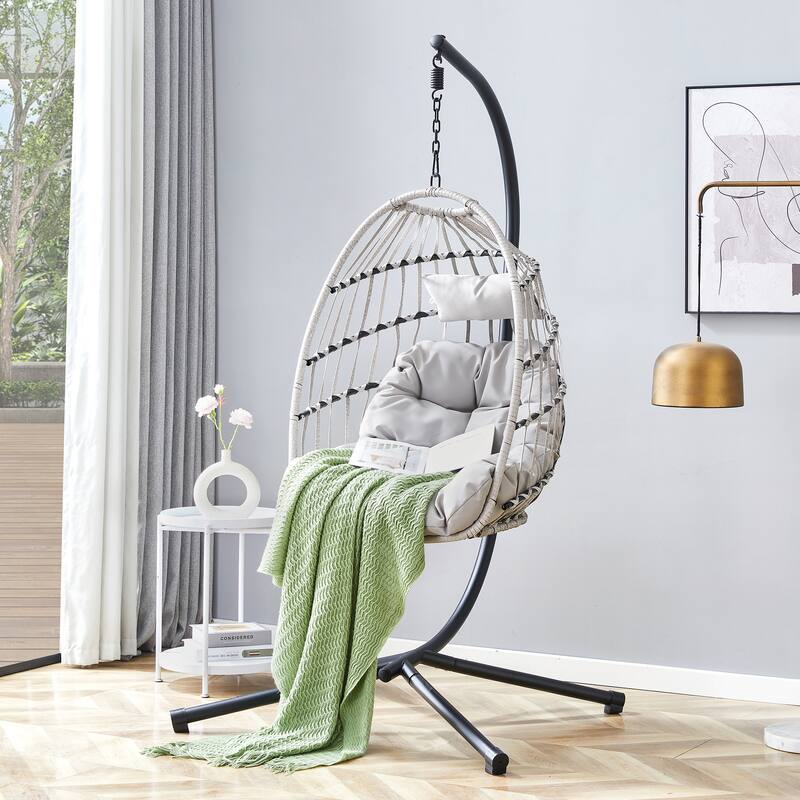 Hanging Basket Swing Egg Chair Hammock Chairs with Stand Wicker Weave Bassinet Chair with Cushion for Indoor Outdoor - Light Gray