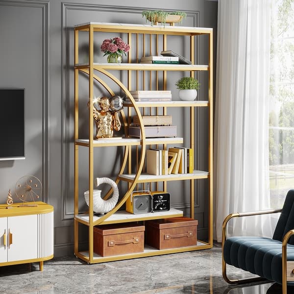 70.9Inch Tall Bookshelf Modern 7Tier Faux Marble Bookcases with Gold