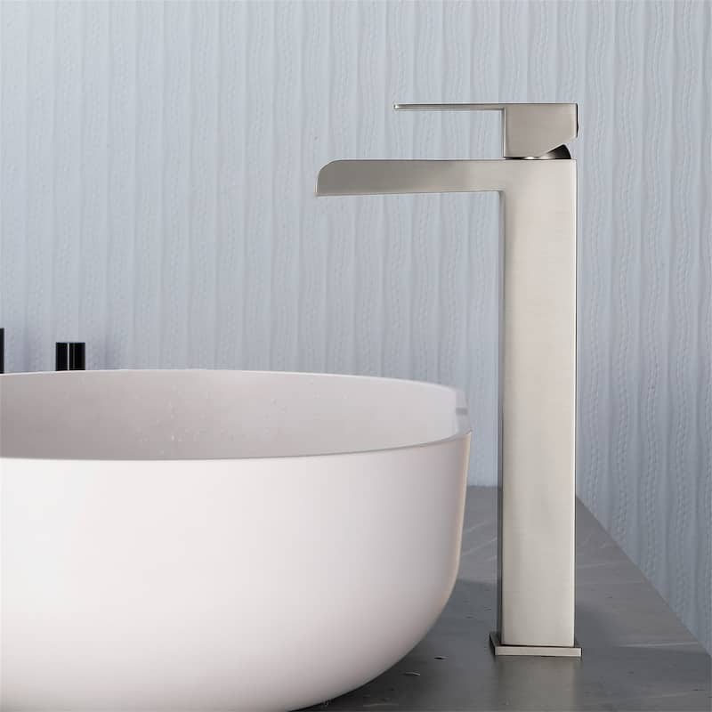 Waterfall Single Handle Bathroom Vessel Sink Faucet with Pop-up Drain 304 Stainless Steel 1 Hole High Tall Basin Vanity Taps