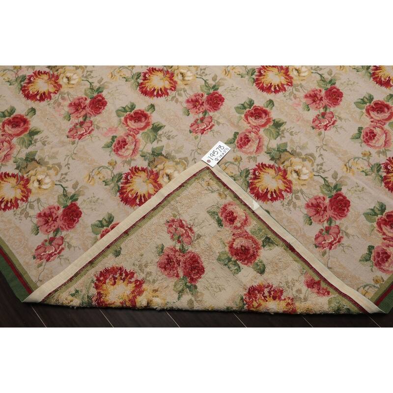 8'10''x11'11'' Hand Woven Wool Modern Floral Botanical Ivory French Aubusson Needlepoint Rug - 8' 10'' x 11' 11''