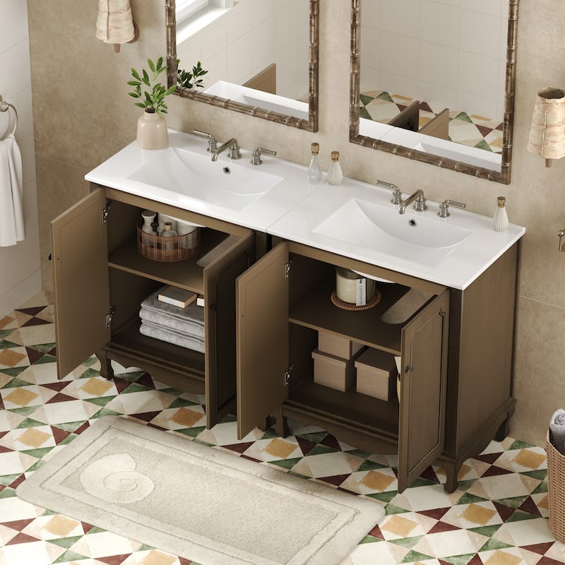 60" Double Sinks Bathroom Vanity Set, Vintage Bathroom Cabinet with Two Separate Ceramic Sink and Antique Knobs