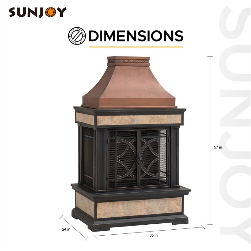 Sunjoy Smith Collection Outdoor Patio Wood Burning Steel Fireplace with Chimney, Spark Screen, Fire Poker, and Removable Grate