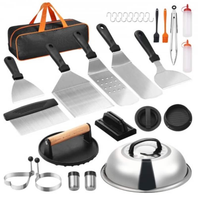 28-Piece BBQ Griddle Accessories Kit with Spatulas Meat Press Silicone Brushes and Hooks - 15.55” x 13.19” x 5.31”