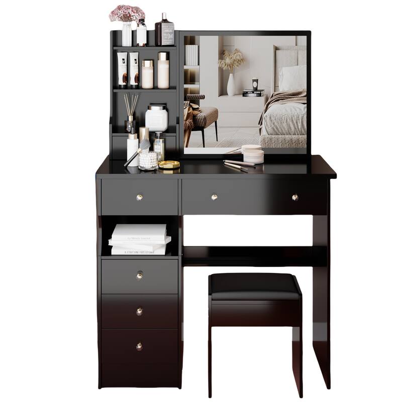 37" Bedroom Vanity Set with Sliding Mirror & Cushioned Stool