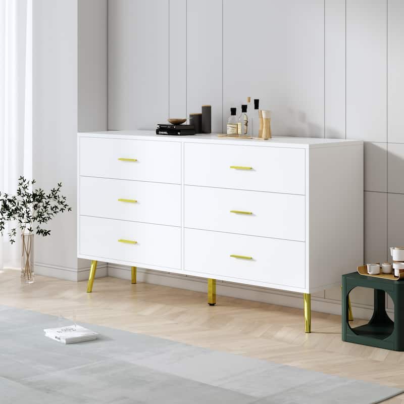 6 Drawer Larget Chest&Dresser With Golden Metal Handles - 54"-White