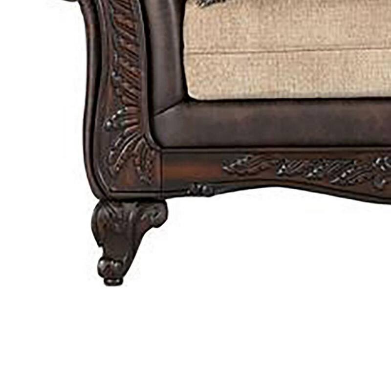 Miva Loveseat w Pillows, Classic Rolled Arms, Brown Faux Leather