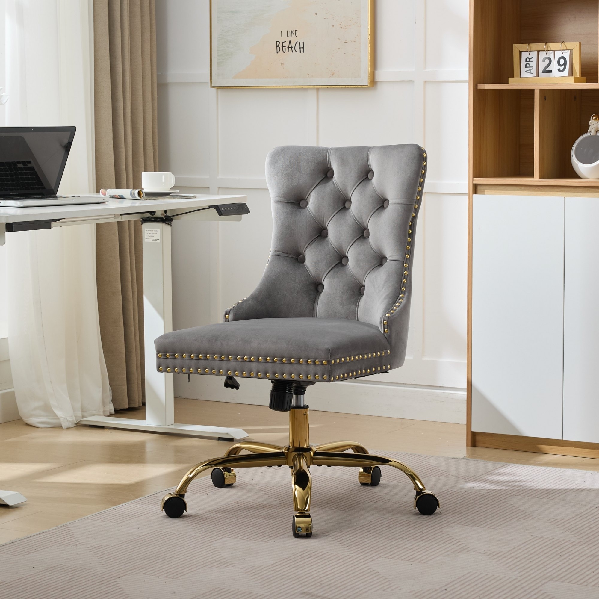 Home Office Chair with Wheels, Upholstered Swivel Chair with Adjustable Height, Ergonomic Chair with Metal Base