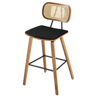 27" Counter Height Bar Stools with Rattan Back and Walnut Wood Frame