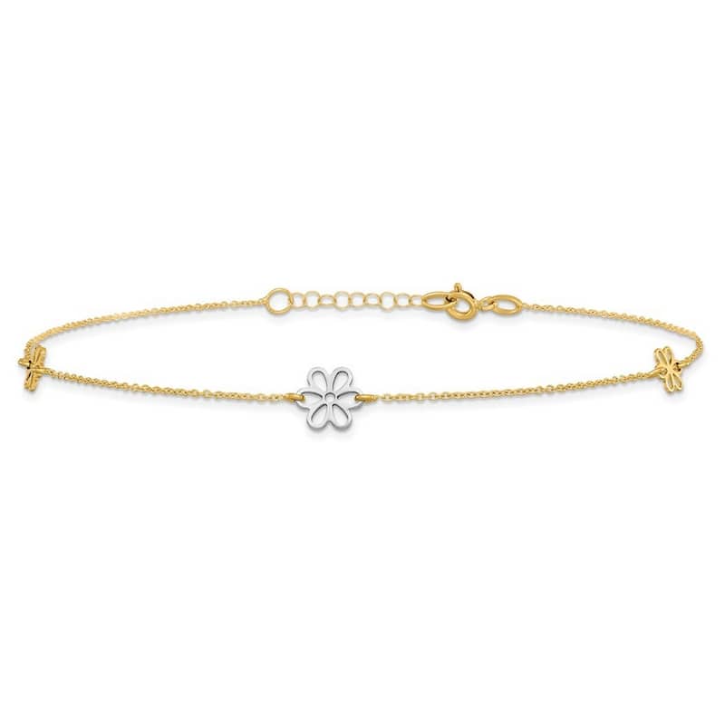 Curata Women's Italian 14k Two-Tone Gold Polished Daisy Flower Station Anklet - 10 Inch