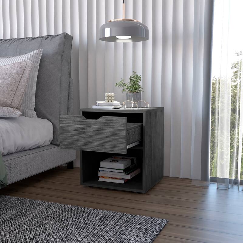 Elegant Light Gray Drawer Nightstand with Open Shelf