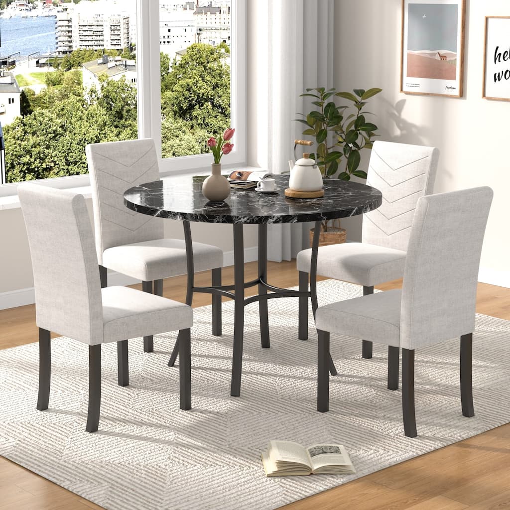 VECELO 5-piece Dining Set, Round Dining Table Set with Upholstered Parsons Dining Chairs for Small Space