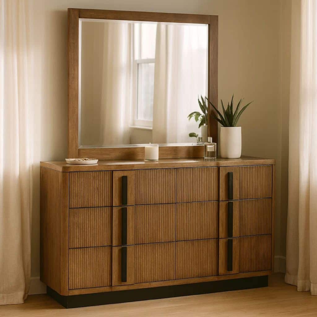 Reon Wide Dresser with Mirror, 6 Drawers, Vertical Fluting, Brown Wood
