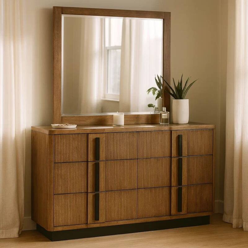Reon Wide Dresser with Mirror, 6 Drawers, Vertical Fluting, Brown Wood