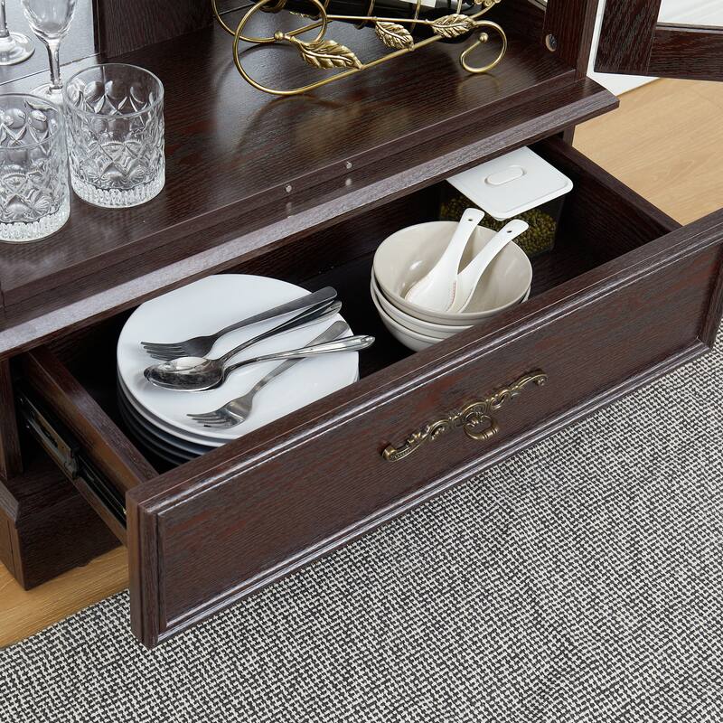 GDFStudio - Traditional Storage Lighted Curio Display Cabinet with Glass Doors and Drawer