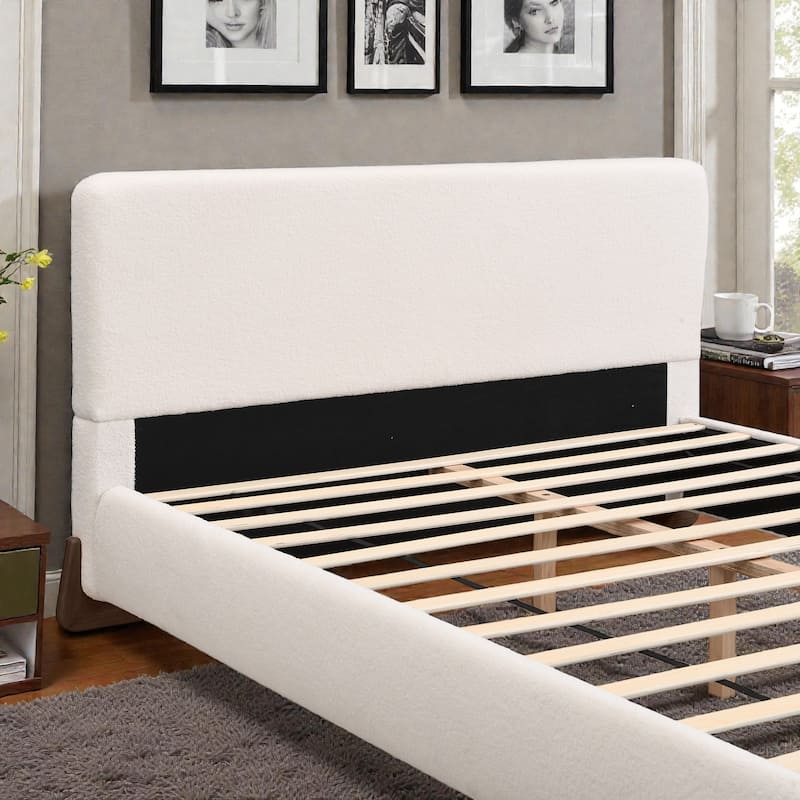 Boucle Upholstered Bed with Solid Wood Legs, Modern Queen/King Platform Bed, Soft Fabric Bedroom Centerpiece