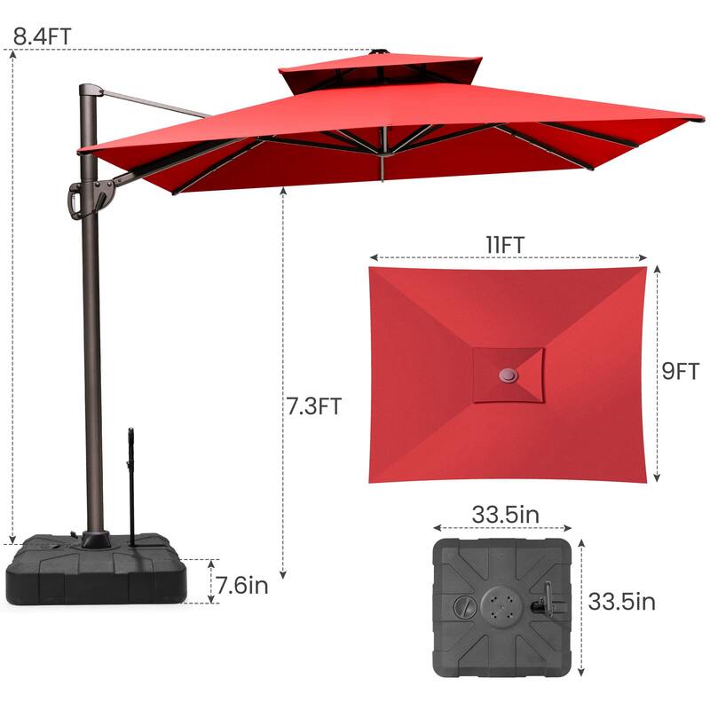 Outdoor 11 ft x 9 ft Aluminum Patio Cantilever Offset Umbrella with Base Stand