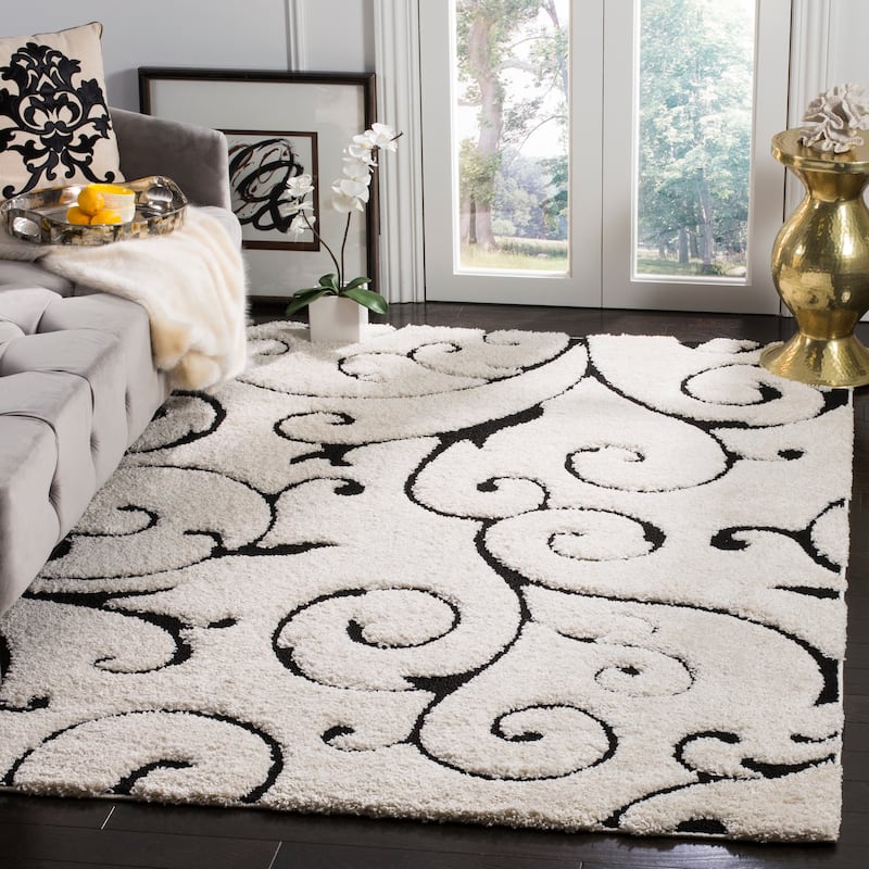 SAFAVIEH Florida Ryung Shag Scroll 1.2-inch Thick Textured Rug - 5'3" x 7'6" - Ivory/Black
