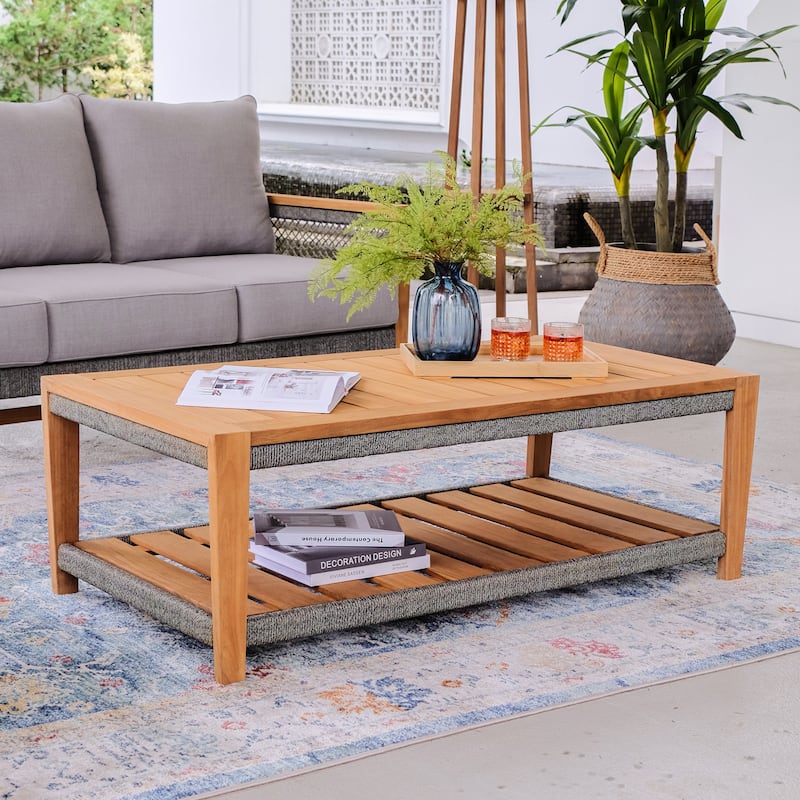 Cambridge Casual Nassau Teak Outdoor Patio Coffee Table - Natural Teak/Gray Polyrope