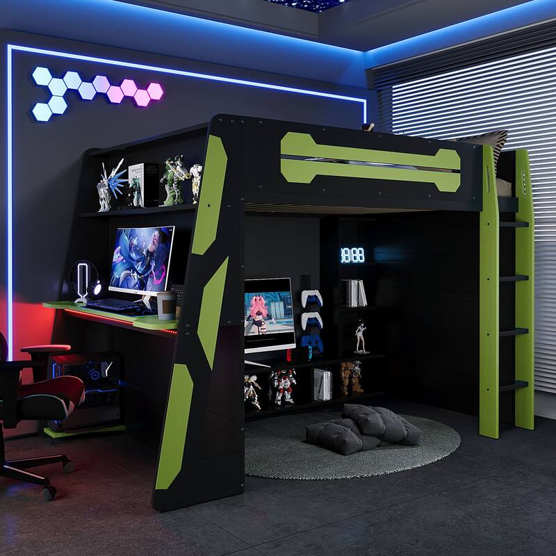 Teens All-in-One Esports Gaming & Work Loft Bed with Built-in RGB Lights, Side Gaming Desk, Console Storage, TV Area and Shelves